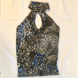 Blue, black and white leopard print halter top